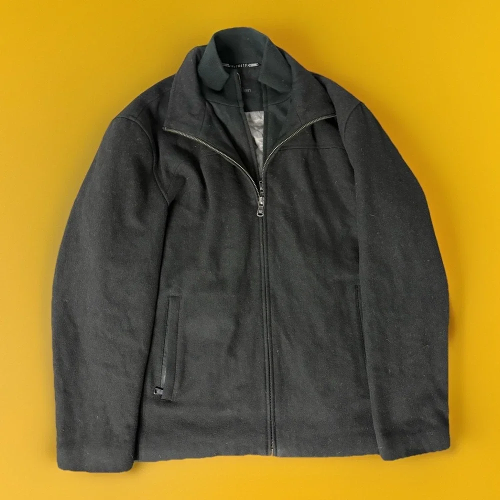 Calvin Klein Mens Black Wool Bomber Jacket Medium‎ Double Zip Quilted Lined Coat